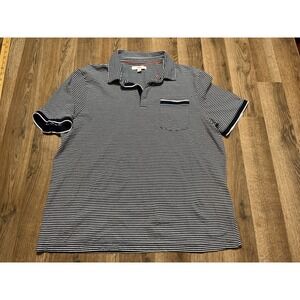 M&S Polo Shirt Mens XL Navy Blue Striped Cotton Short Sleeve Pocket Excellent